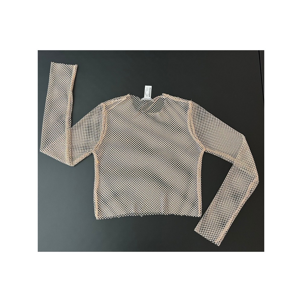 Zara Rhinestone Fishnet Top Long Sleeve Mesh Shimmer Nude Champagne M (1238) - Picture 7 of 8